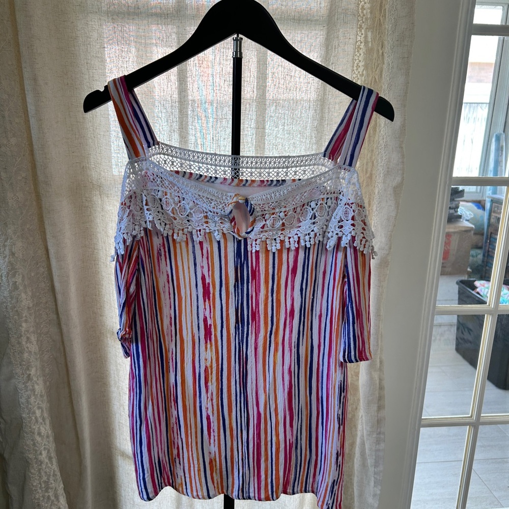 Colorful Striped Cold Shoulder Top with Lace NEW flattering stripes Medium